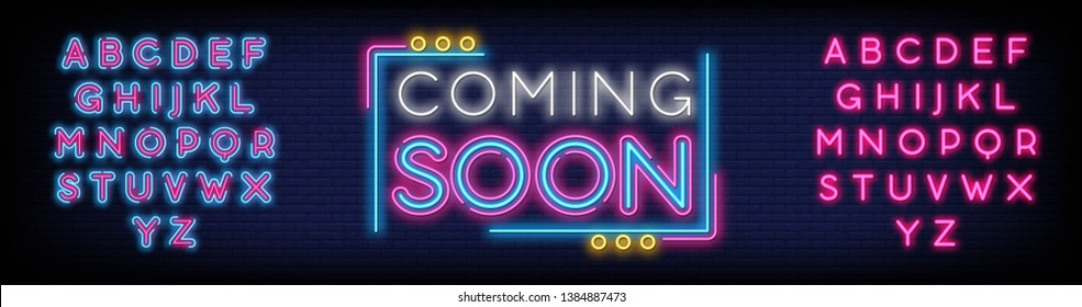 Coming Soon Neon Sign Vector a brick wall background vector design element light banner announcement neon signboard night neon advertising. Vector Illustration. Editing Text Neon Signs