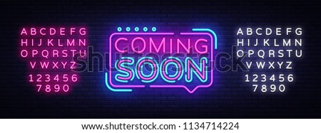 Coming Soon Neon Sign Vector. Coming Soon Badge in neon style, design element, light banner, announcement neon signboard, night advensing. Vector Illustration. Editing text neon sign
