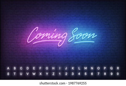 Coming Soon neon template. Glowing neon lettering Coming Soon sign