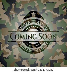 Coming Soon on camouflage pattern. Vector Illustration. Detailed.