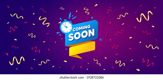 Coming soon paper banner. Festive confetti background with offer message. Timer announcement tag. New open time icon. Best advertising confetti banner. Coming soon badge shape. Vector