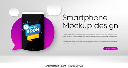 Coming Soon Paper Banner. Mobile Phone Vector Mockup. Timer Announcement Tag. New Open Time Icon. Smartphone Mockup Speech Bubble. Coming Soon Banner. Phone Screen Frame. Mobile Background. Vector