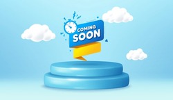 Coming Soon Paper Banner. Winner Podium 3d Base. Product Offer Pedestal. Timer Announcement Tag. New Open Time Icon. Coming Soon Promotion Message. Background With 3d Clouds. Vector