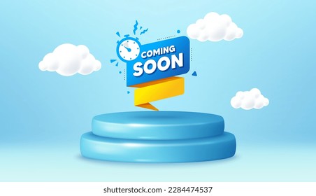 Coming soon paper banner. Winner podium 3d base. Product offer pedestal. Timer announcement tag. New open time icon. Coming soon promotion message. Background with 3d clouds. Vector svg