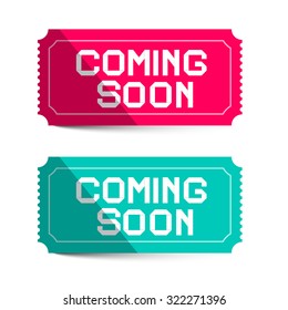 Coming Soon Pink and Blue Paper Tickets Isolated on White Background - Vector