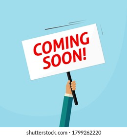 Coming soon placard banner vector poster on person man hand announcement flat cartoon illustration, new product release advertising design concept idea modern