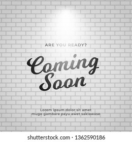 Coming soon poster background design. White brick wall backdrop vector illustration.