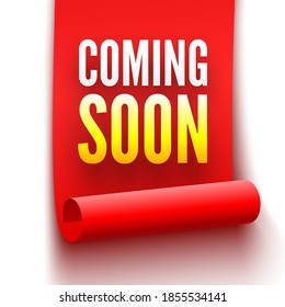 Coming soon poster. Red ribbon. Sticker. Vector illustration.