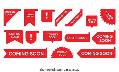 Coming Soon promo banners, stickers and tag labels. Vector isolated red shop or store banners and ribbon signs