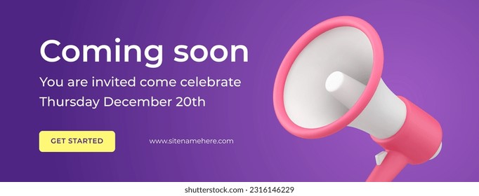 Coming soon public megaphone event business retail marketing promo announcement social media banner 3d icon vector illustration. Creative advertising internet presentation bullhorn ceremonial eve