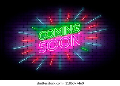 Coming soon with rays neon sign. Realistic bright neon effect on a brick wall. Vector banner for web or print.