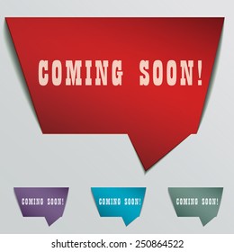 coming soon red 3d realistic paper speech bubble isolated on grey