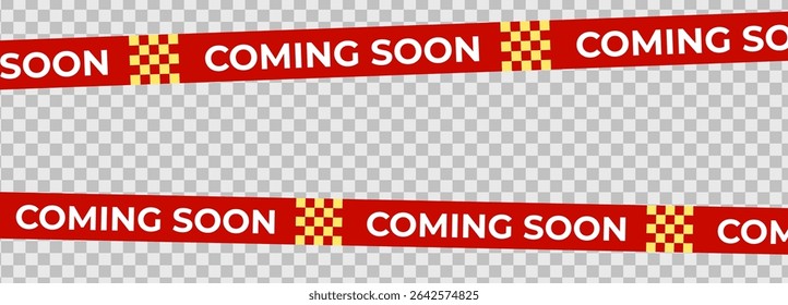 Coming Soon Red Banner Tape for product launch, retail teaser, sale campaign or store opening announcement. Editable warning stripe design for promo layout or web banner. Vector Illustration.