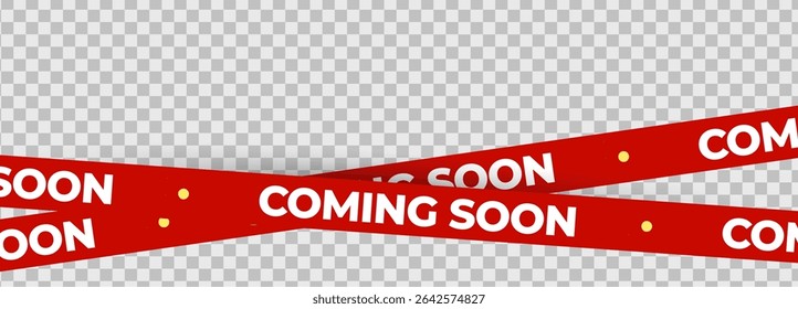 Coming Soon Red Banner Tape Ribbon with bold text and transparent background. Ideal for product launch, sale notice, shop promotion, store campaign design. Modern graphic element. Vector Illustration