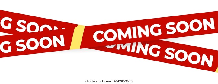 Coming Soon Red Banner Tape Stripe for shop opening, sale launch, retail notice, store ad, campaign teaser, product arrival, marketing layout. Product promotional clearance. Vector Illustration.