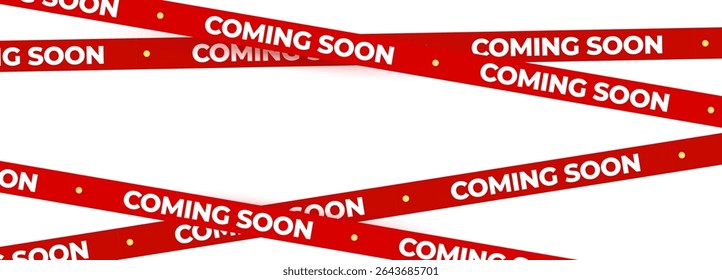 Coming Soon Red Banner Tape Stripe for shop opening, sale launch, retail notice, store ad, campaign teaser, product arrival, marketing layout. Product promotional clearance. Vector Illustration.