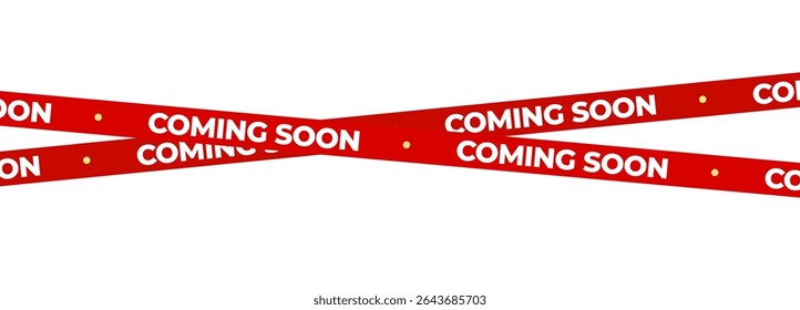 Coming Soon Red Banner Tape Stripe for shop opening, sale launch, retail notice, store ad, campaign teaser, product arrival, marketing layout. Product promotional clearance. Vector Illustration.