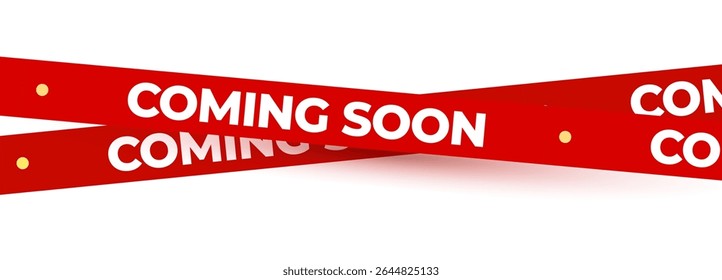 Coming Soon Red Banner Tape Stripe for shop opening, sale launch, retail notice, store ad, campaign teaser, product arrival, marketing layout. Product promotional clearance. Vector Illustration.