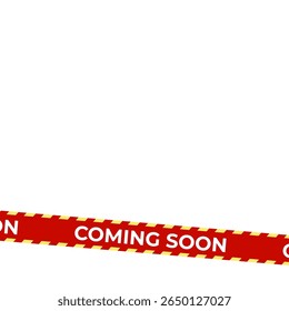 Coming Soon Red Banner Tape Stripe for shop opening, sale launch, retail notice, store ad, campaign teaser, product arrival, marketing layout. Product promotional clearance. Vector Illustration.