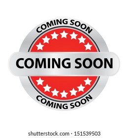 Coming soon with red Label, Sticker, Tag, Icon, Symbol and metal border, isolated on white background. Vector