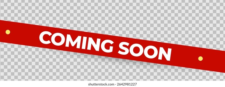 Coming Soon Red Ribbon Banner Tape with bold white lettering for shop opening, sale launch, retail notice, marketing campaign. Product promotional clearance. Vector Illustration
