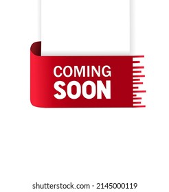 Coming soon red ribbon label banner template. Web element. Flat vector illustrations on white background.