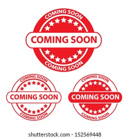 Coming soon red stamp, sticker, tag, label, sign, symbol isolated on white background. Vector illustration