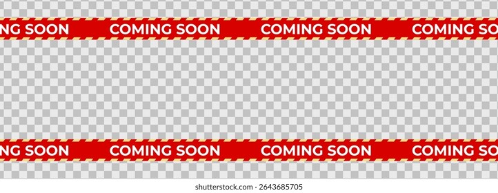 Coming Soon Red Stripe Banner Tape, border pattern for shop opening, sale launch, retail notice, marketing campaign. Product promotional clearance. Vector Illustration