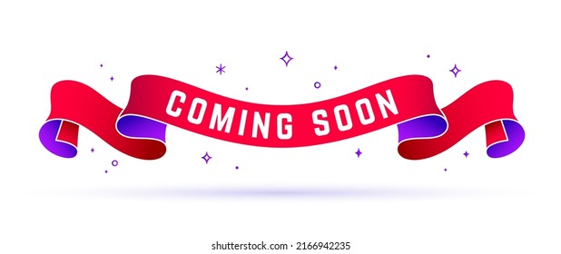 Coming Soon. Red vintage ribbon with text coming soont. Vintage banner with red ribbon, graphic design, coming soon. Old school element for open store, shop. Vector Illustration