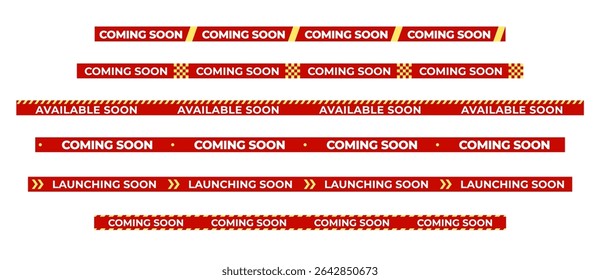 Coming Soon Red Warning Banner Tape set with bold typography for shop opening, sale launch, retail notice, campaign alert, product arrival, promotional clearance. Vector illustration.