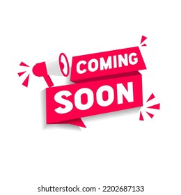 Coming soon ribbon banner, megaphone icon vector illustration. Flat design.