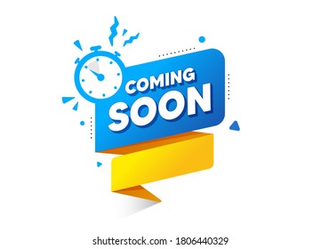 Coming soon ribbon banner with timer icon. Quality web element. Announcement bubble for promotion. Coming soon countdown time for new open. New arrival button. Promo release banner vector