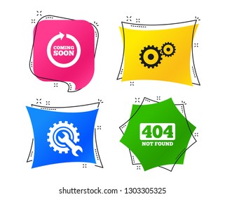 Coming soon rotate arrow icon. Repair service tool and gear symbols. Wrench sign. 404 Not found. Geometric colorful tags. Banners with flat icons. Trendy design. Vector