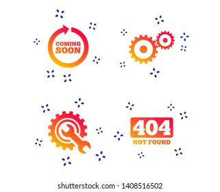 Coming soon rotate arrow icon. Repair service tool and gear symbols. Wrench sign. 404 Not found. Random dynamic shapes. Gradient coming soon icon. Vector
