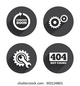 Coming soon rotate arrow icon. Repair service tool and gear symbols. Wrench sign. 404 Not found. Circles buttons with long flat shadow. Vector