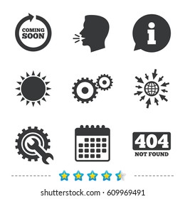 Coming soon rotate arrow icon. Repair service tool and gear symbols. Wrench sign. 404 Not found. Information, go to web and calendar icons. Sun and loud speak symbol. Vector