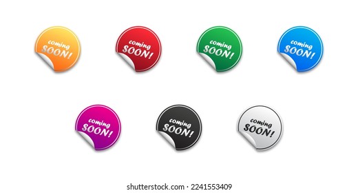 Coming soon. Round sticker set with offer message. Flat vector illustration.