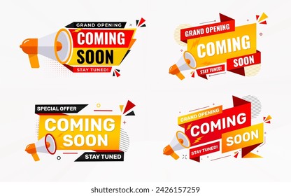 Coming Soon Sale Banner set vector template. Grand Opening vector graphic element. Super shop label Promo design. Product opening festival background collection. 