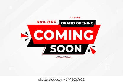 Próximamente Venta Banner plantilla de vector. Elemento gráfico vectorial de gran apertura. Diseño promocional de la etiqueta de supertienda. Colección de fondo de festival de apertura de producto. 