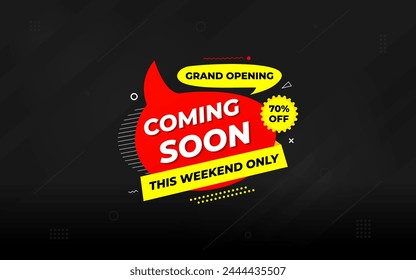 Coming Soon Sale Banner vector template. Grand Opening vector graphic element. Super shop label Promo design. Product opening festival background collection.