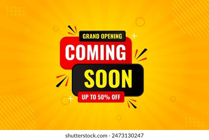 Coming Soon Sale Banner vector template. Grand Opening vector graphic element. Super shop label Promo design. Product opening festival background collection.