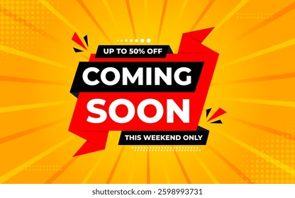 Coming Soon Sale Banner vector template. Grand Opening vector graphic element. Super shop label Promo design. Product opening festival background collection. 