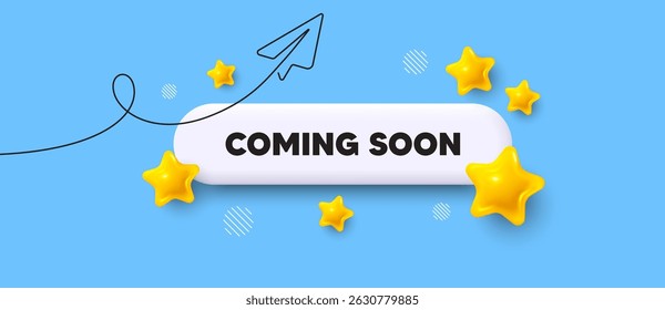 Coming soon search bar. Share plane line icon. Coming soon. Promotion banner sign. New product release symbol. Search button with 3d stars. Vector