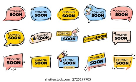 Coming soon Set. Coming Soon Hand Drawn Promotion banner sign. 
New product release symbol. Speech bubble with quotes Coming Soon