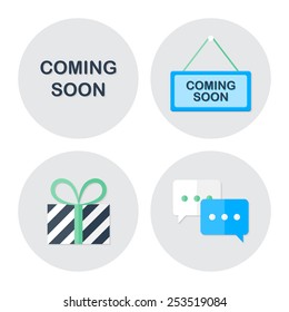 Coming soon shopping icons set. Flat stylized icons set 