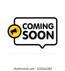 Coming soon sign with announcement megaphone. Vector flat illustration on white background.