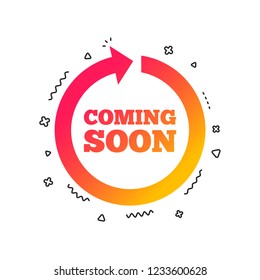 Coming soon sign icon. Promotion announcement symbol. Colorful geometric shapes. Gradient coming soon icon design.  Vector