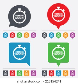 Coming soon sign icon. Promotion announcement symbol. Speech bubbles information icons. 24 colored buttons. Vector