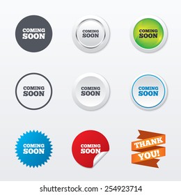 Coming soon sign icon. Promotion announcement symbol. Circle concept buttons. Metal edging. Star and label sticker. Vector
