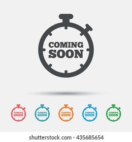 Coming soon sign icon. Promotion announcement symbol. Graphic element on white background. Colour clean flat coming soon icons. Vector